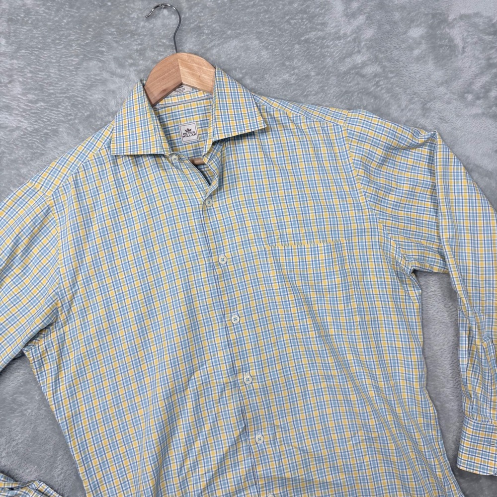 Peter Millar Button Down Shirt Mens Medium Blue Yellow Plaid Cotton Long Sleeve